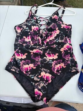 Lace-Up Floral One-Piece Swimsuit - Black with Pink Floral